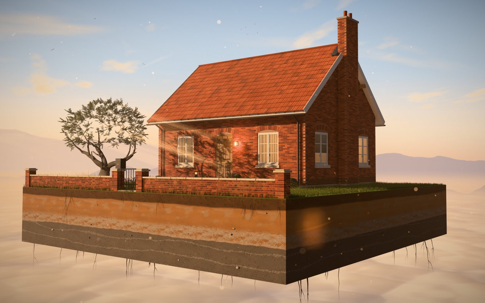 A red-brick family house with a tiled roof and a chimney, set on a cutaway block of earth in warm evening light.